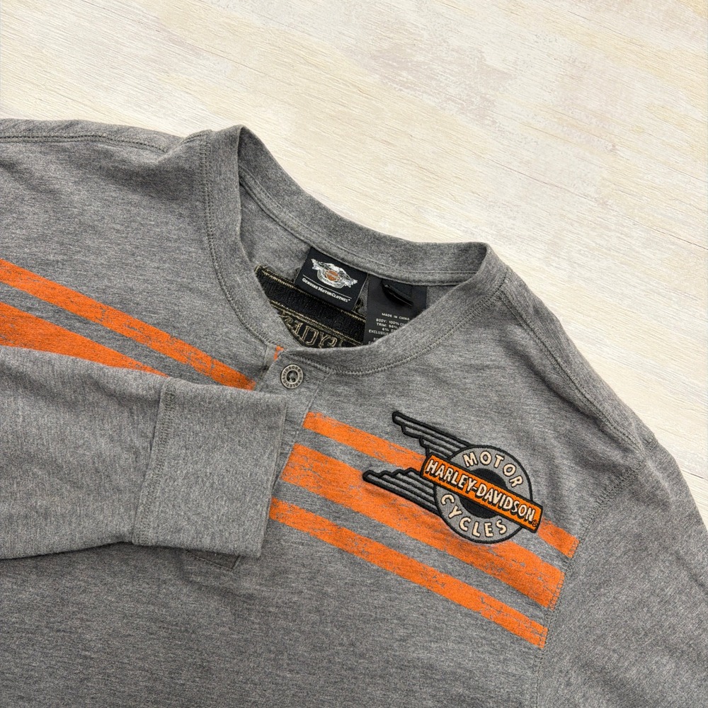 Harley-Davidson Henley Shirt Long Sleeve Logo Stripes Gray Mens Size M